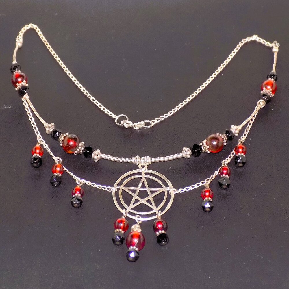 Vintage Signed 925 Sterling Silver Pentacle Amber & Glass Beaded Necklace